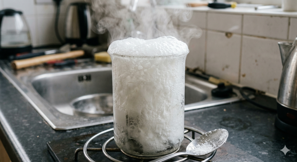 โซดาไฟทำปฏิกิริยากับน้ำเกิดความร้อนและฟอง